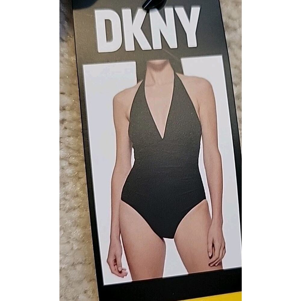 DKNY NWT One Piece Swimsuit Womens M Black Rouched Slim Sides V Neck Tie Halter - Picture 4 of 8